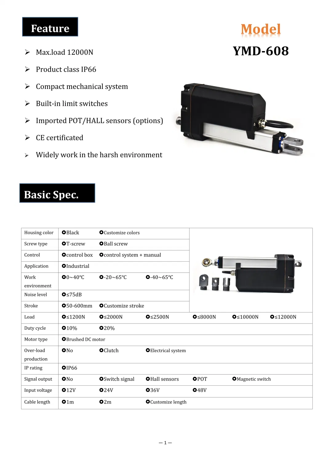 High Load 1200kg Force Linear Motor Actuator with CE Mark 24volt, IP66